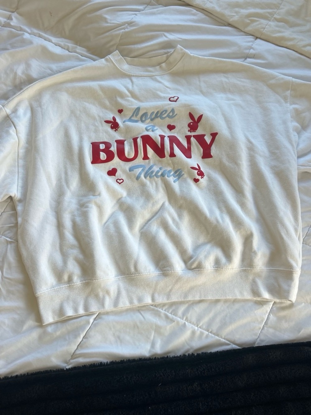 PLAYBOY White Crewneck Sweatshirt with Red & Light Blue Bunny Graphic